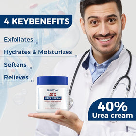 OUKEYA Urea Cream 40% application on feet demonstrates smoothing dry cracks