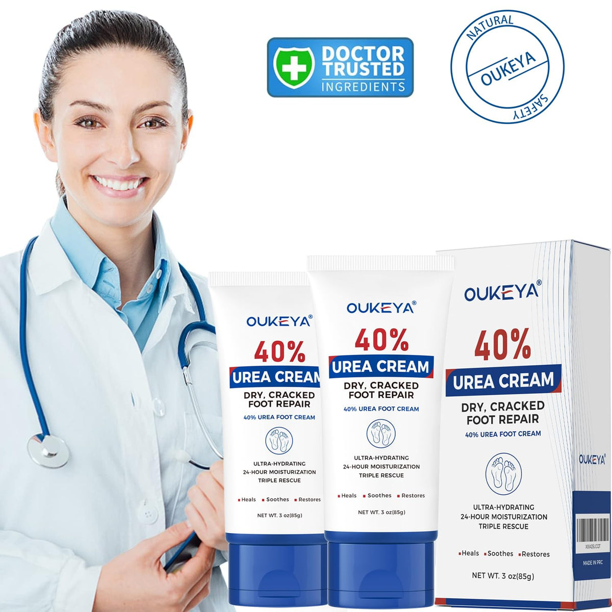OUKEYA hand care cream massaged into dry palms for moisturization.