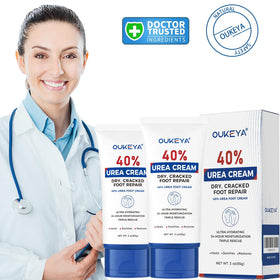 OUKEYA hand care cream massaged into dry palms for moisturization.