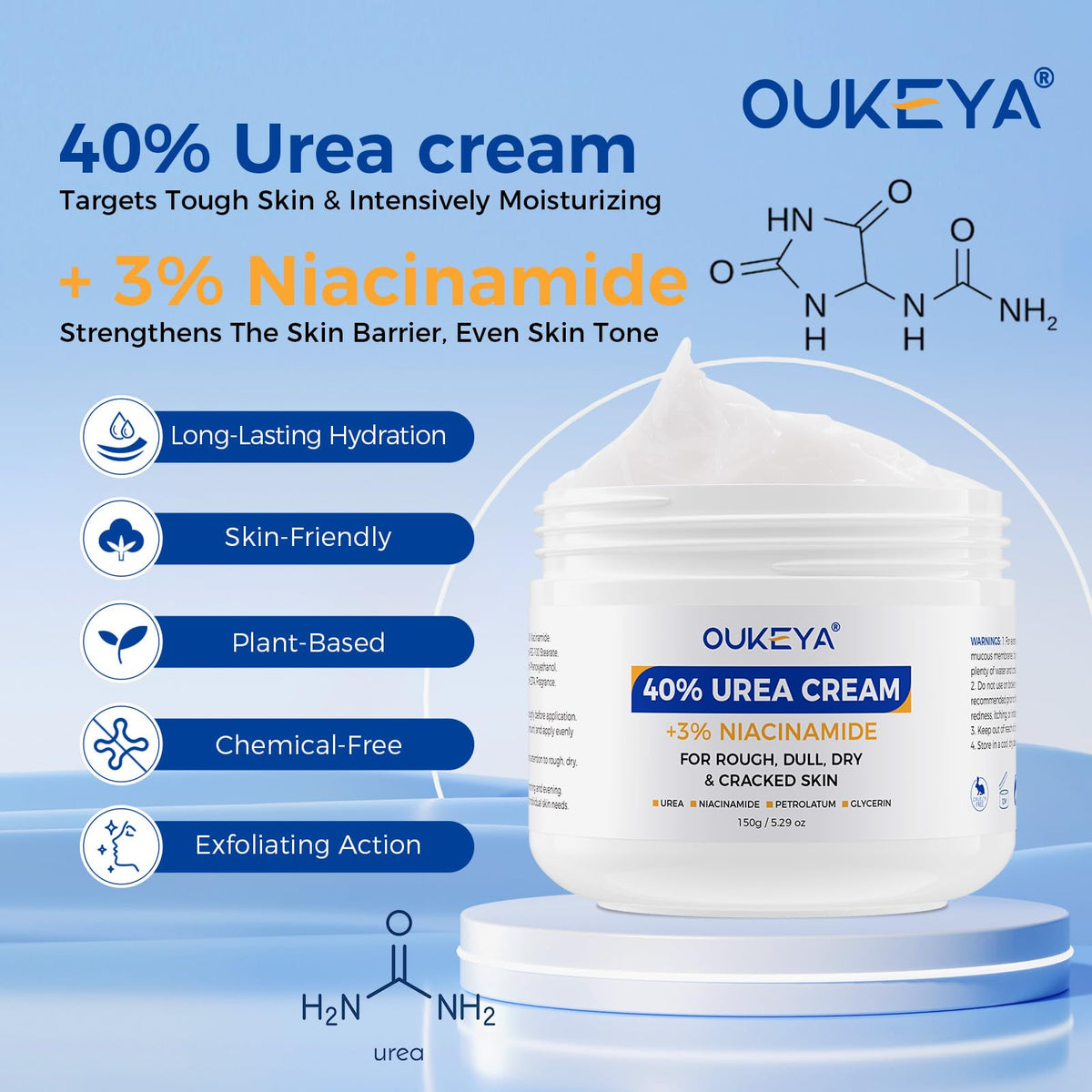 OUKEYA Urea Cream 40% tube back with usage directions for moisture