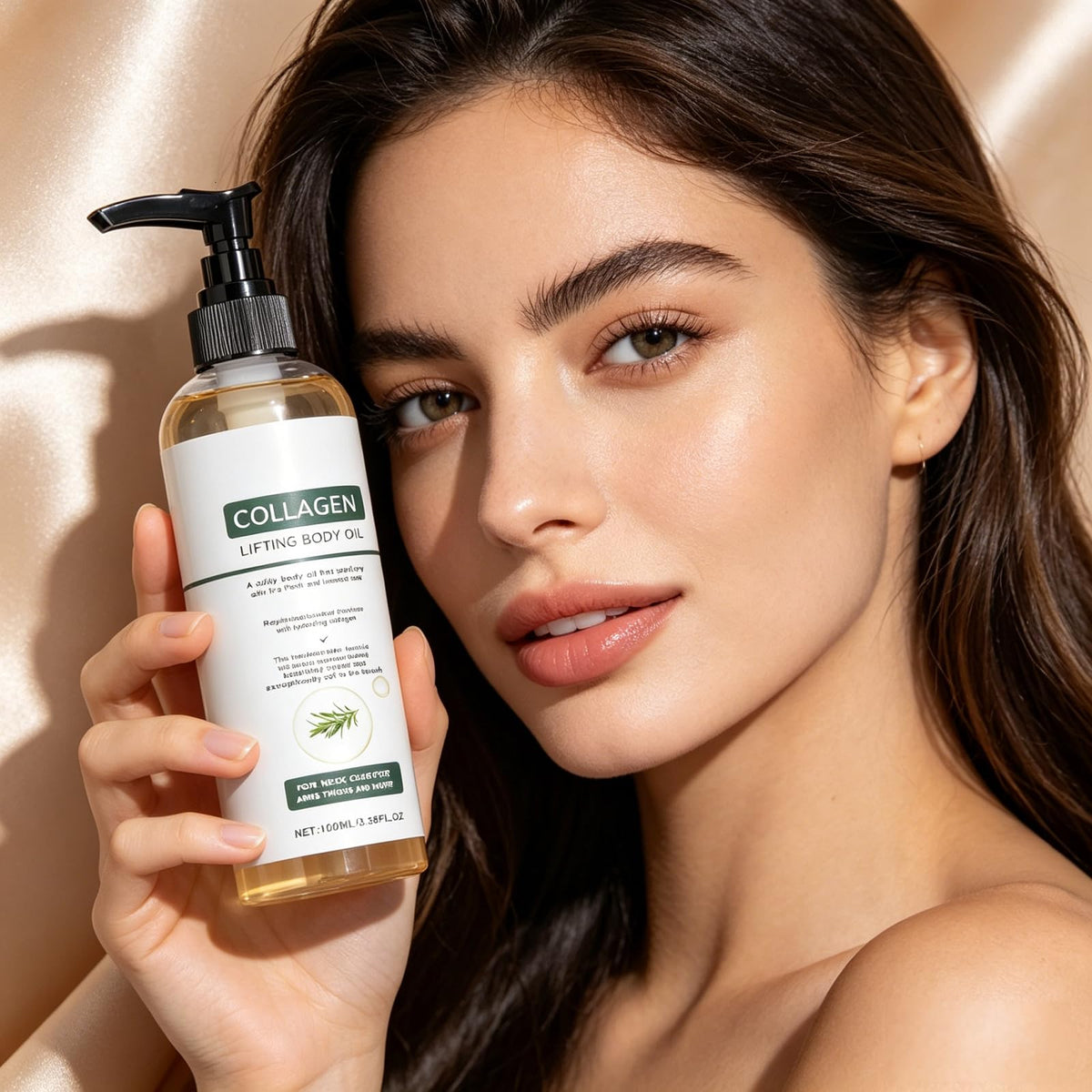 Neck application scene with OUKPANE oil for smoother, revitalized skin.