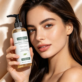Neck application scene with OUKPANE oil for smoother, revitalized skin.