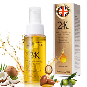 Oumigiz 24K Gold Hair Oil bottle with shine‑boosting formula for dry hair.