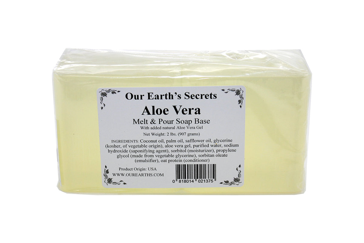 Our Earth's Secrets Aloe Vera Melt and Pour Base packaging for easy soap making with 5% Aloe Vera.