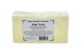 Our Earth's Secrets Aloe Vera Melt and Pour Base packaging for easy soap making with 5% Aloe Vera.