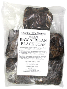 Our Earth's Secrets black soap bar from Ghana for natural cleansing