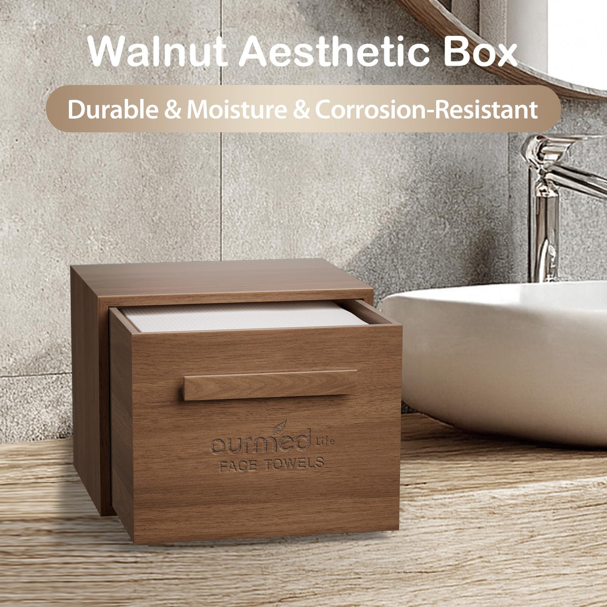 Ourmed Life face towel box with towels demonstrates tidy countertop storage.