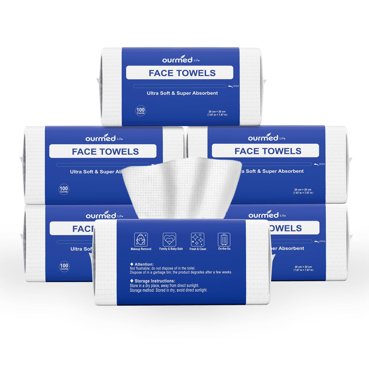 Ourmed Life packaging shows biodegradable face towels ready for use