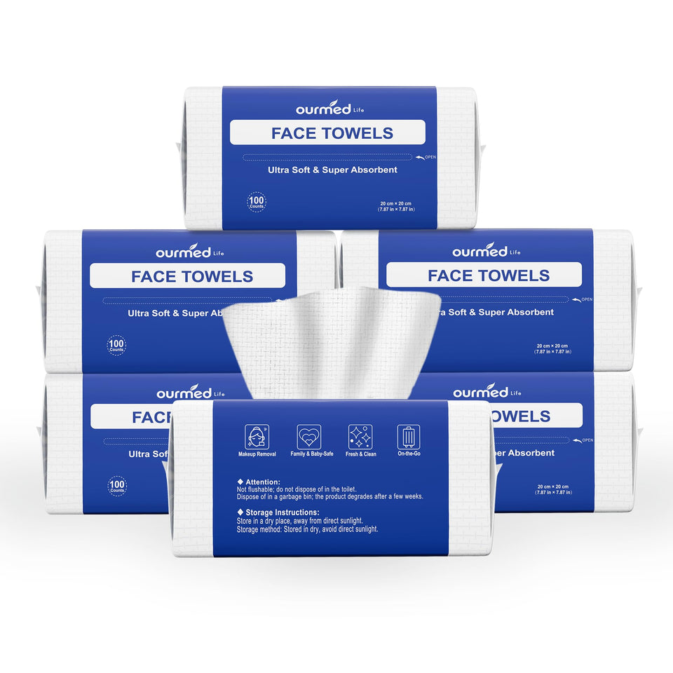 Ourmed Life packaging shows biodegradable face towels ready for use