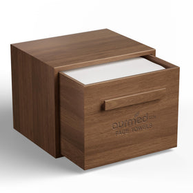 Ourmed Life walnut box top view showcases a sturdy moisture-resistant bathroom organizer.
