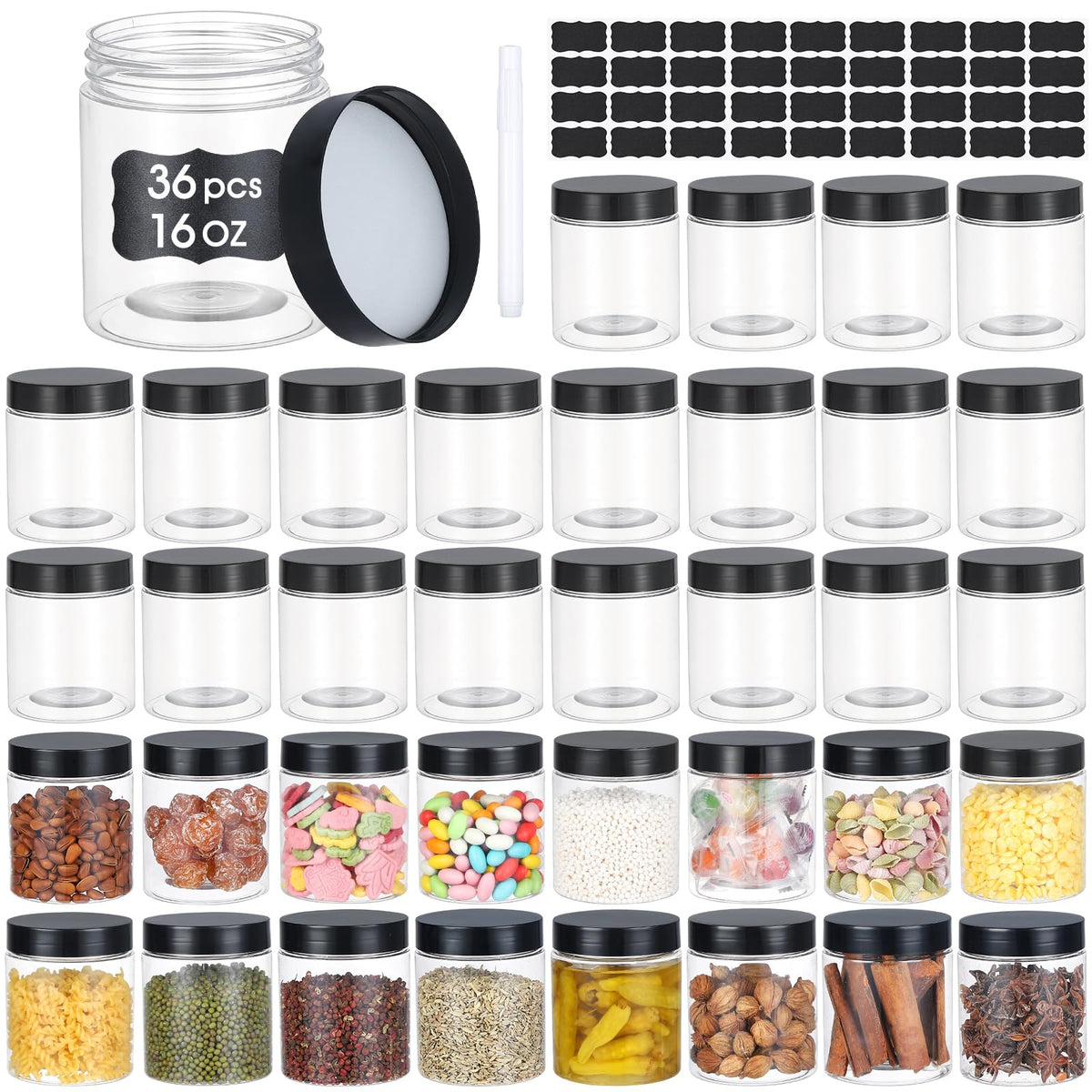 OUSHINAN 36-pack 16oz jars with matte black lids for airtight storage