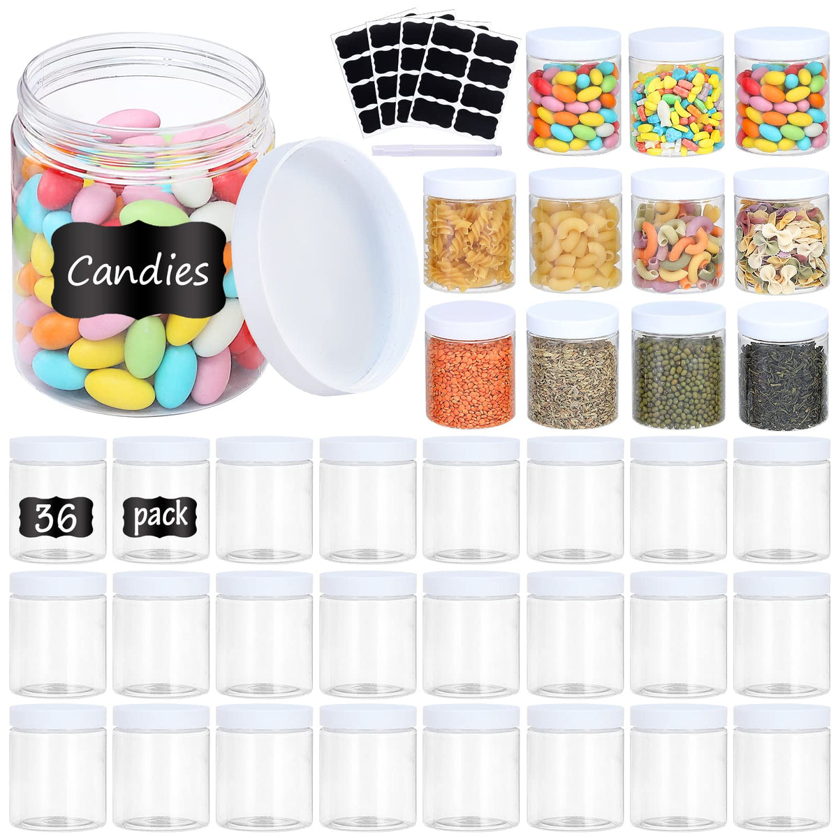 OUSHINAN 36pcs 8oz plastic jars with screw-on lids, ideal for organized pantry storage.