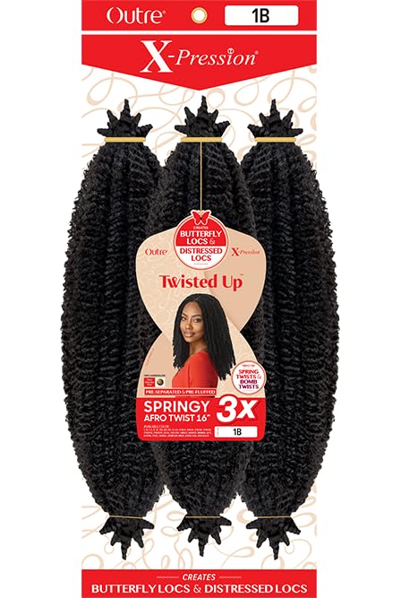 Outre Braids Twisted Up 16-inch springy Afro Twist in 1B with soft texture for easy styling.