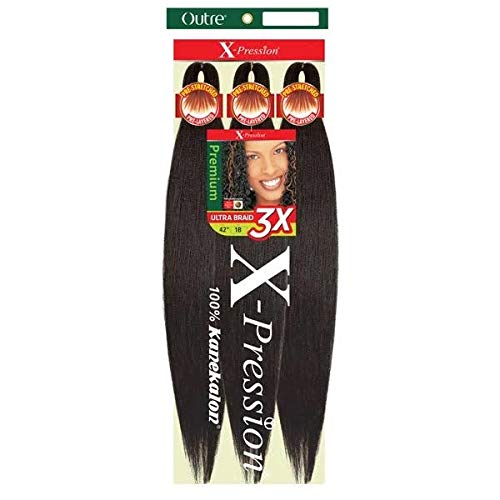 Outre Braids Xpression 3X 52-inch 1B Off Black close-up showing pre stretched strands for easy braiding