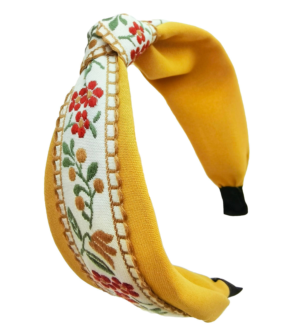Outvie boho knotted yellow headband with lace embroidery for all-day comfort.