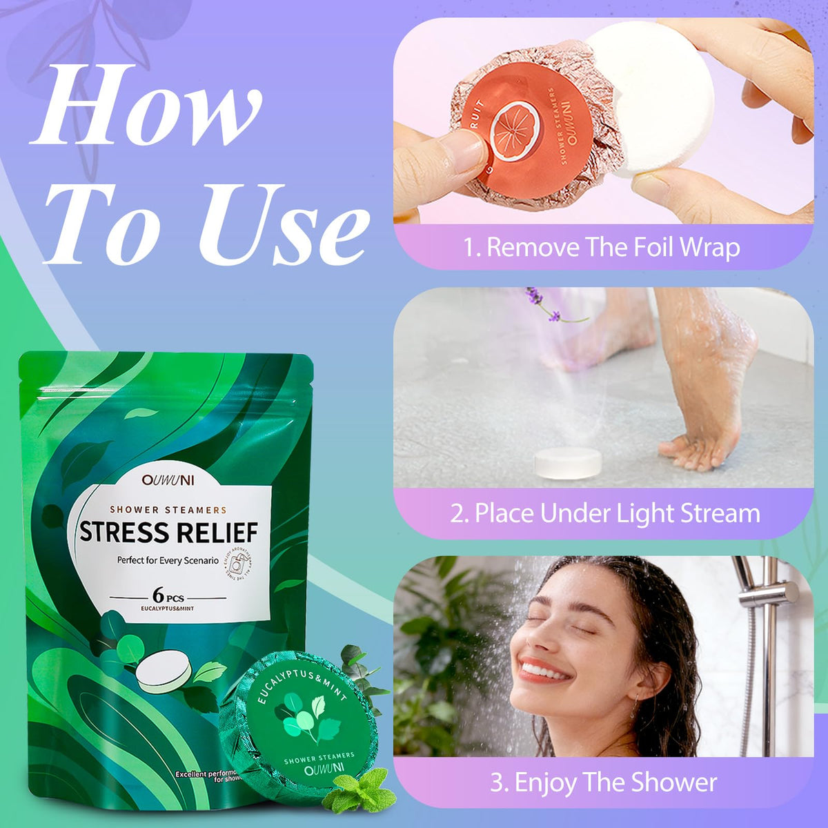 Ouwuni lavender shower steamer close-up, calming home spa.