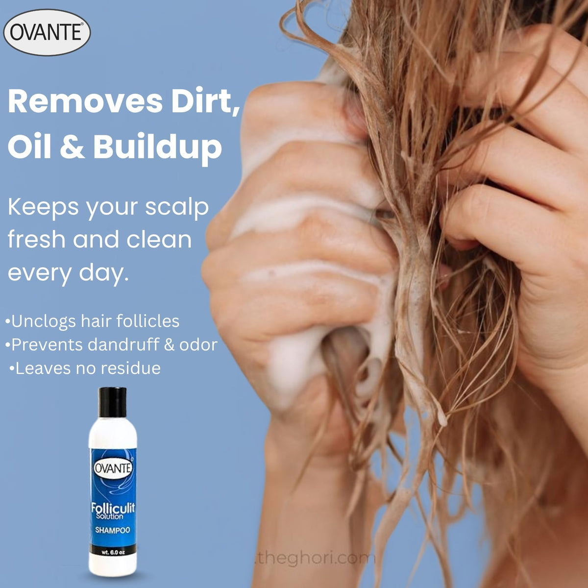 OVANTE bathroom shower scene illustrating daily scalp cleansing routine.