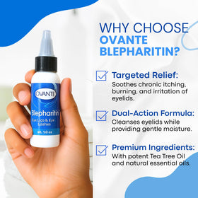 OVANTE Blepharitin bottle on bathroom shelf signals convenient, ready-to-use eye care.