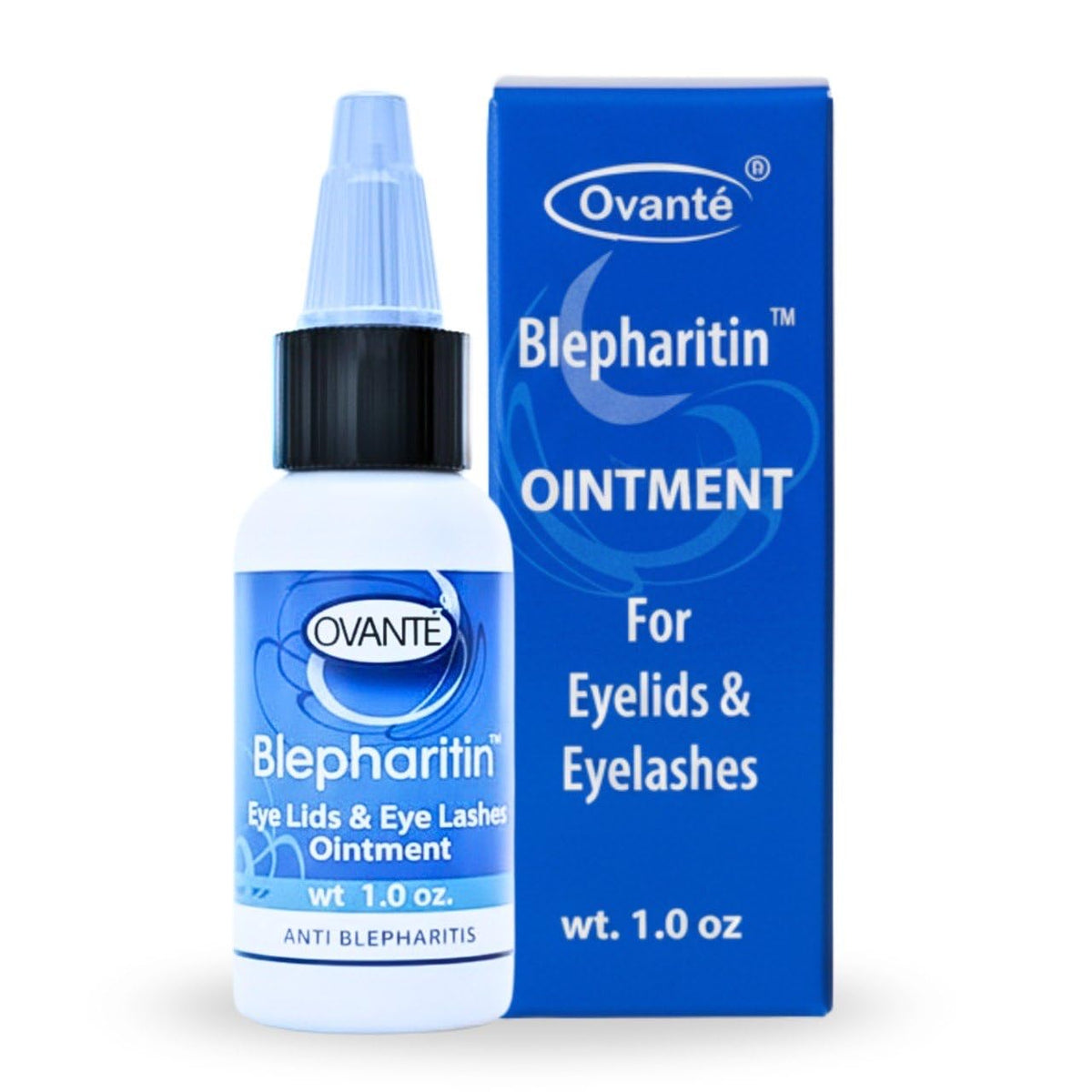 OVANTE Blepharitin bottle closeup, showing gentle eyelid care for sensitive eyes.