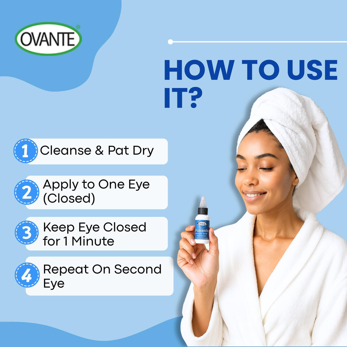 OVANTE Blepharitin application on eyelid suggests soothing, non-irritating use.