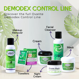 Ovante bottle with pump showing easy daily demodex cleansing steps.