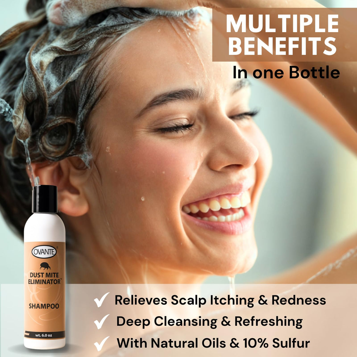 OVANTE DustMite Eliminator label close-up confirms a gentle, non-greasy formula.
