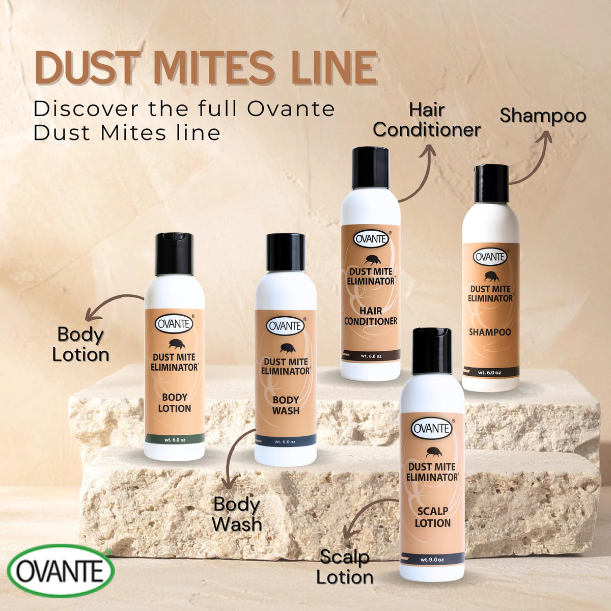 OVANTE DustMite Eliminator packaging shot emphasizes a travel-friendly 6 oz bottle.
