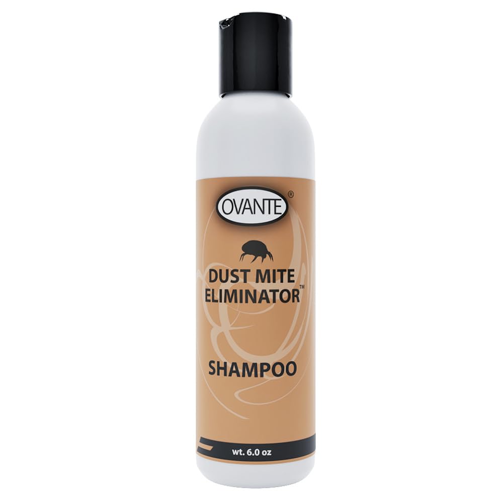 OVANTE DustMite Eliminator shampoo bottle on shelf for easy at-home scalp care.
