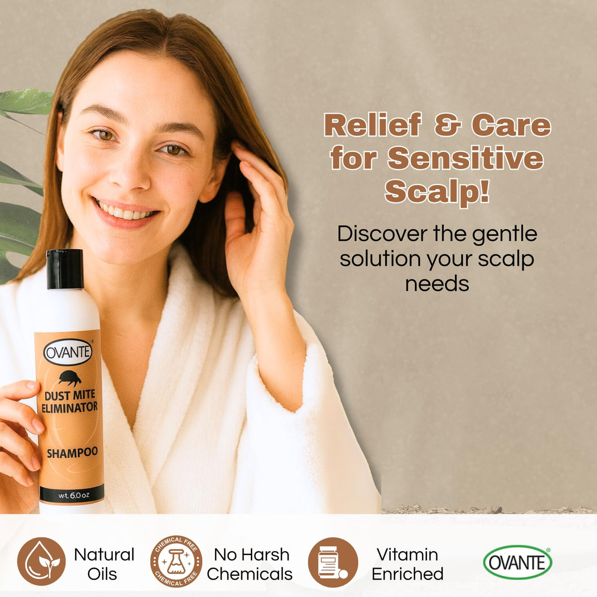OVANTE DustMite Eliminator shampoo foam demonstrates gentle cleansing for flaky scalps.