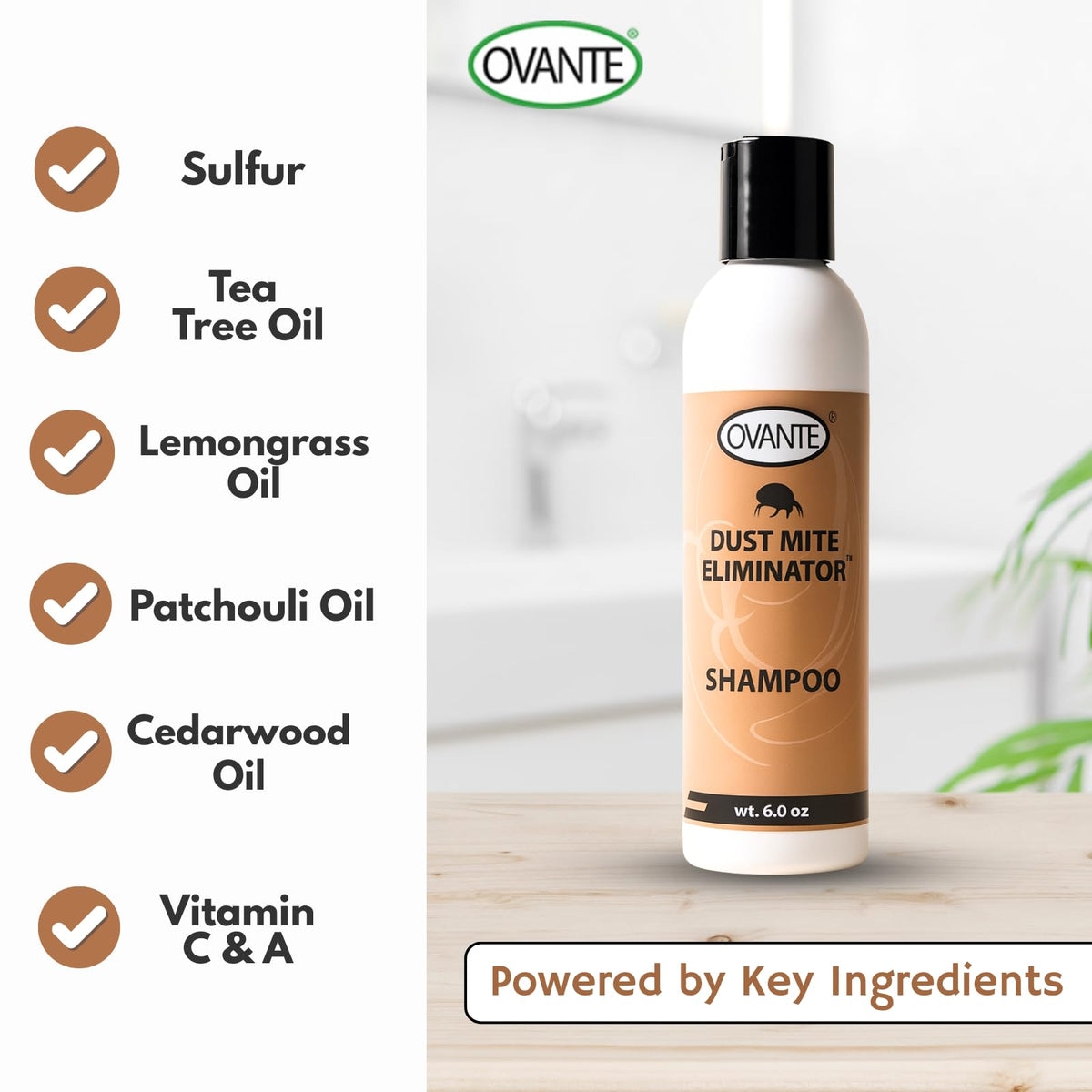 OVANTE DustMite Eliminator with tea tree oil highlights natural cleansing benefits.