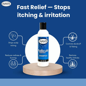 OVANTE Folliculit Shampoo bottle pour demonstrates easy application.