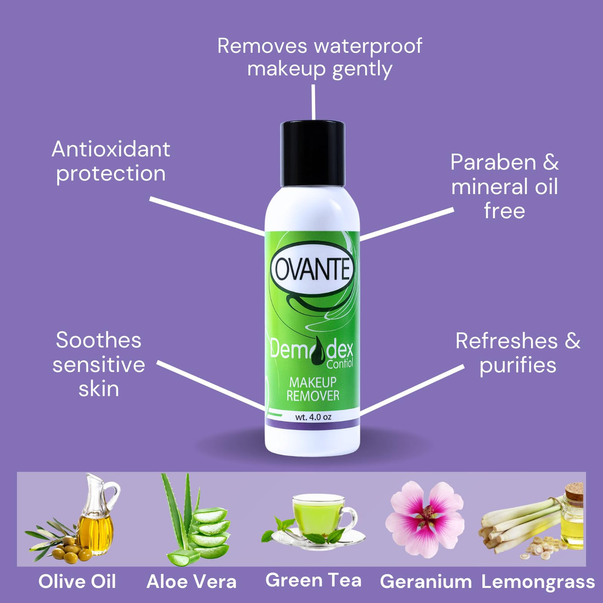 Ovante makeup remover with tea tree aroma applied on cotton pad for eyelids.