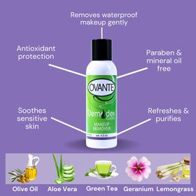 Ovante makeup remover with tea tree aroma applied on cotton pad for eyelids.