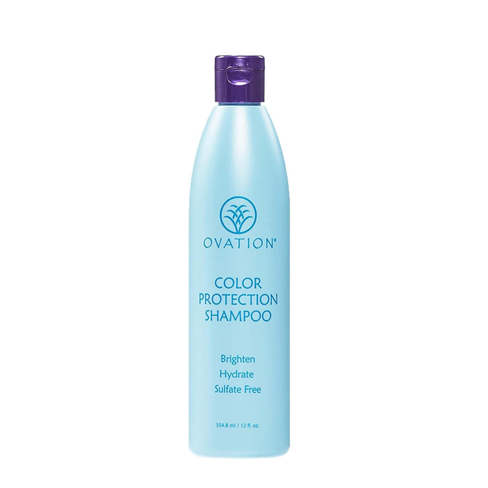 Ovation Color Protection Shampoo bottle side view highlighting color-safe formula for vibrant hair