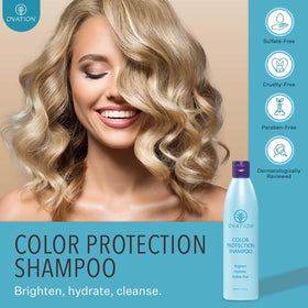 Ovation Color Protection Shampoo label close-up emphasizing sulfate-free and paraben-free ingredients