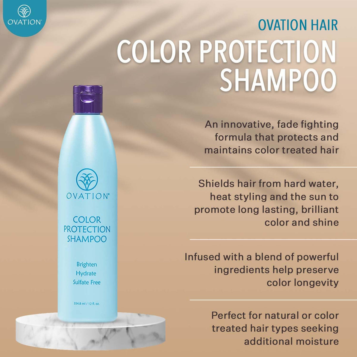 Ovation Color Protection Shampoo wet-hair scene demonstrates moisture balance for treated strands