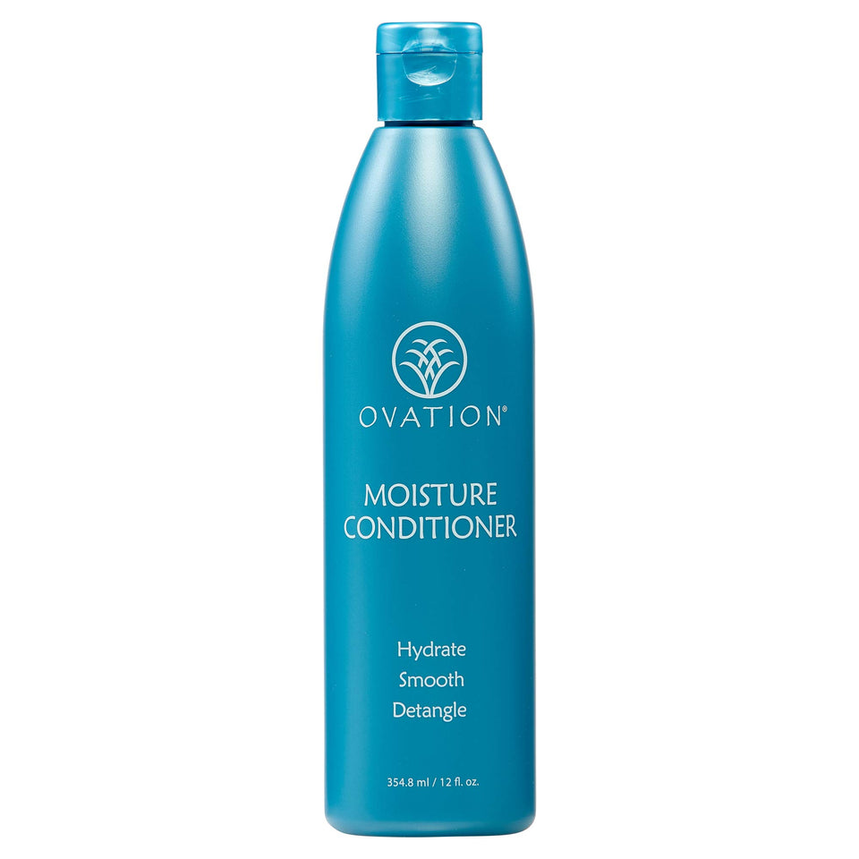 Ovation Hair Moisture Conditioner bottle closeup showing rich formula for shine and manageability