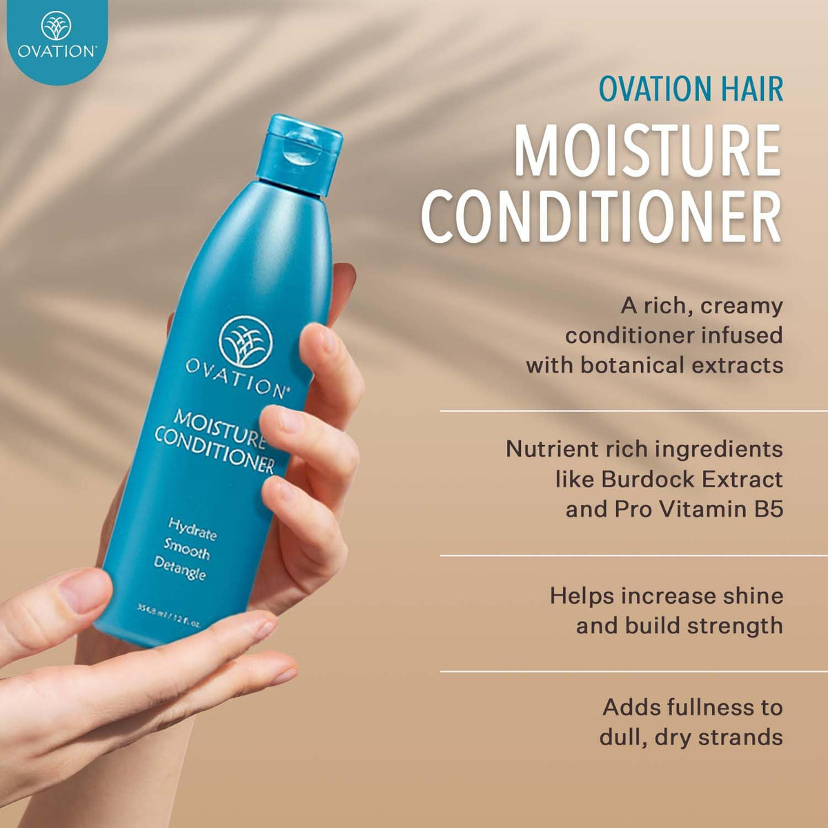 Label detail of Ovation Moisture Conditioner highlights paraben- and sulfate-free formula
