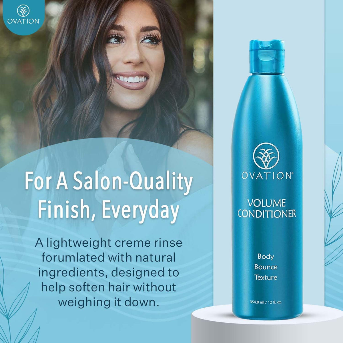 Ovation Hair Volume Conditioner bottle with olive oil ingredient emphasis