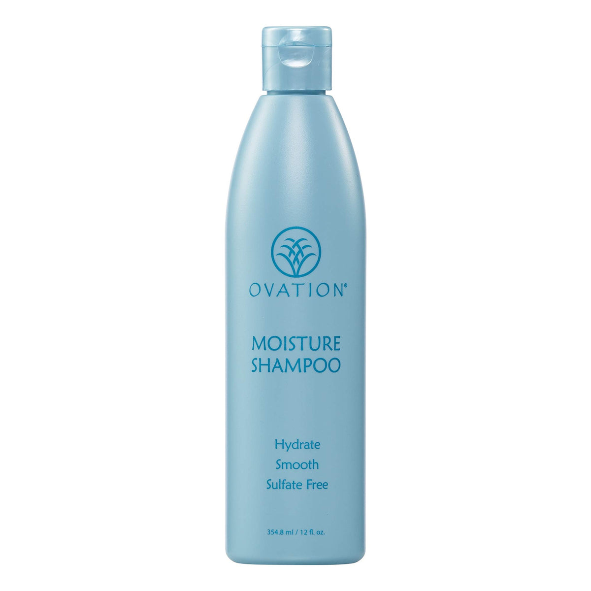 Ovation Moisture Shampoo bottle front highlighting a hydrating formula for dry and coarse hair.