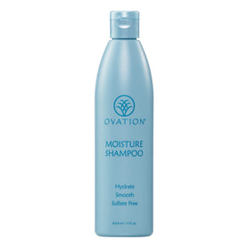 Ovation Moisture Shampoo bottle front highlighting a hydrating formula for dry and coarse hair.
