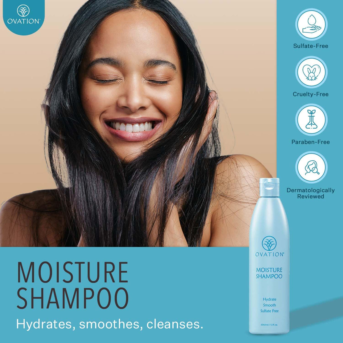Close-up of creamy lather from Ovation Moisture Shampoo showing gentle cleansing and hydration.