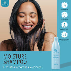 Close-up of creamy lather from Ovation Moisture Shampoo showing gentle cleansing and hydration.