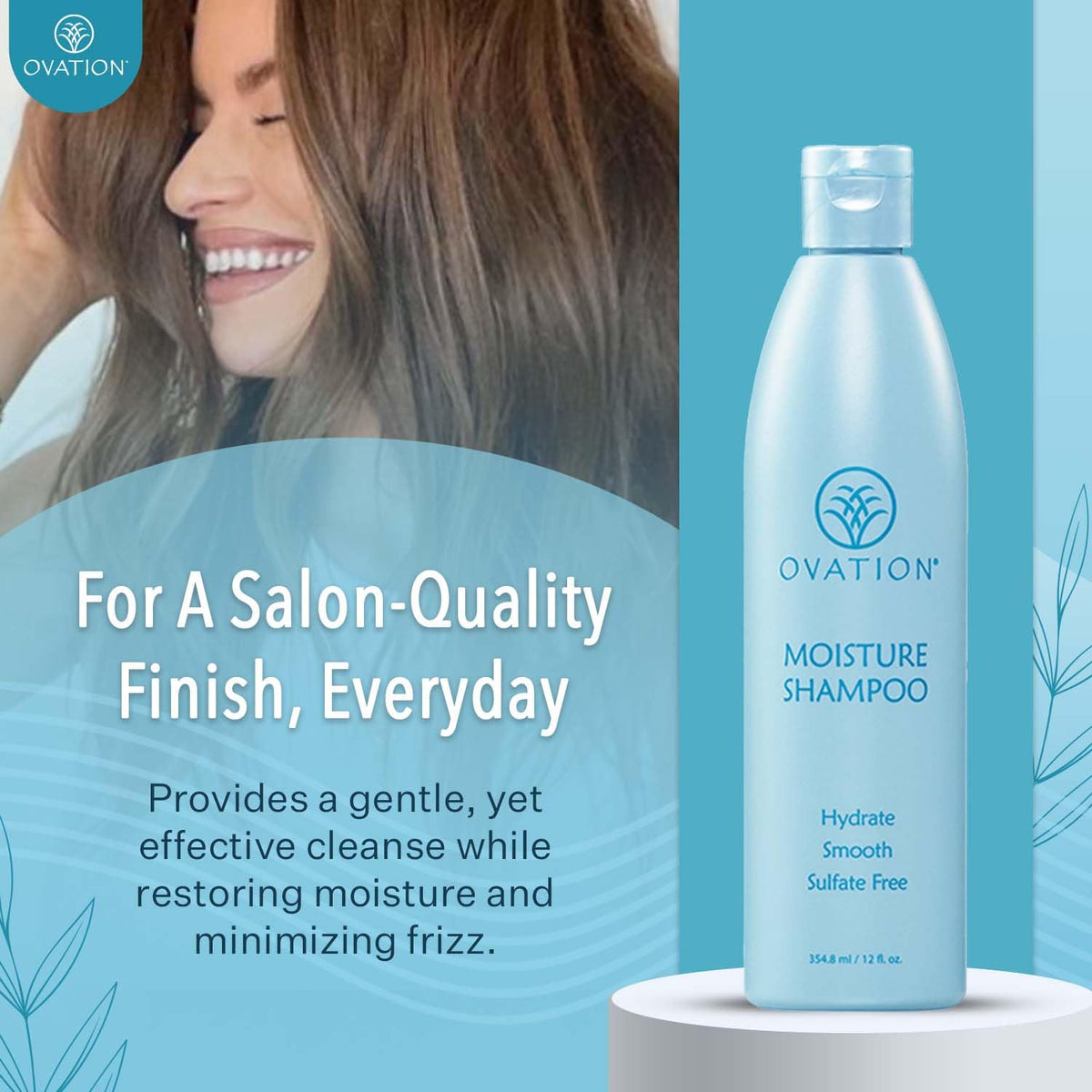 Label featuring panthenol and vitamins on Ovation Moisture Shampoo packaging.