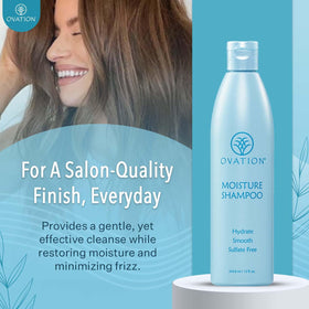 Label featuring panthenol and vitamins on Ovation Moisture Shampoo packaging.