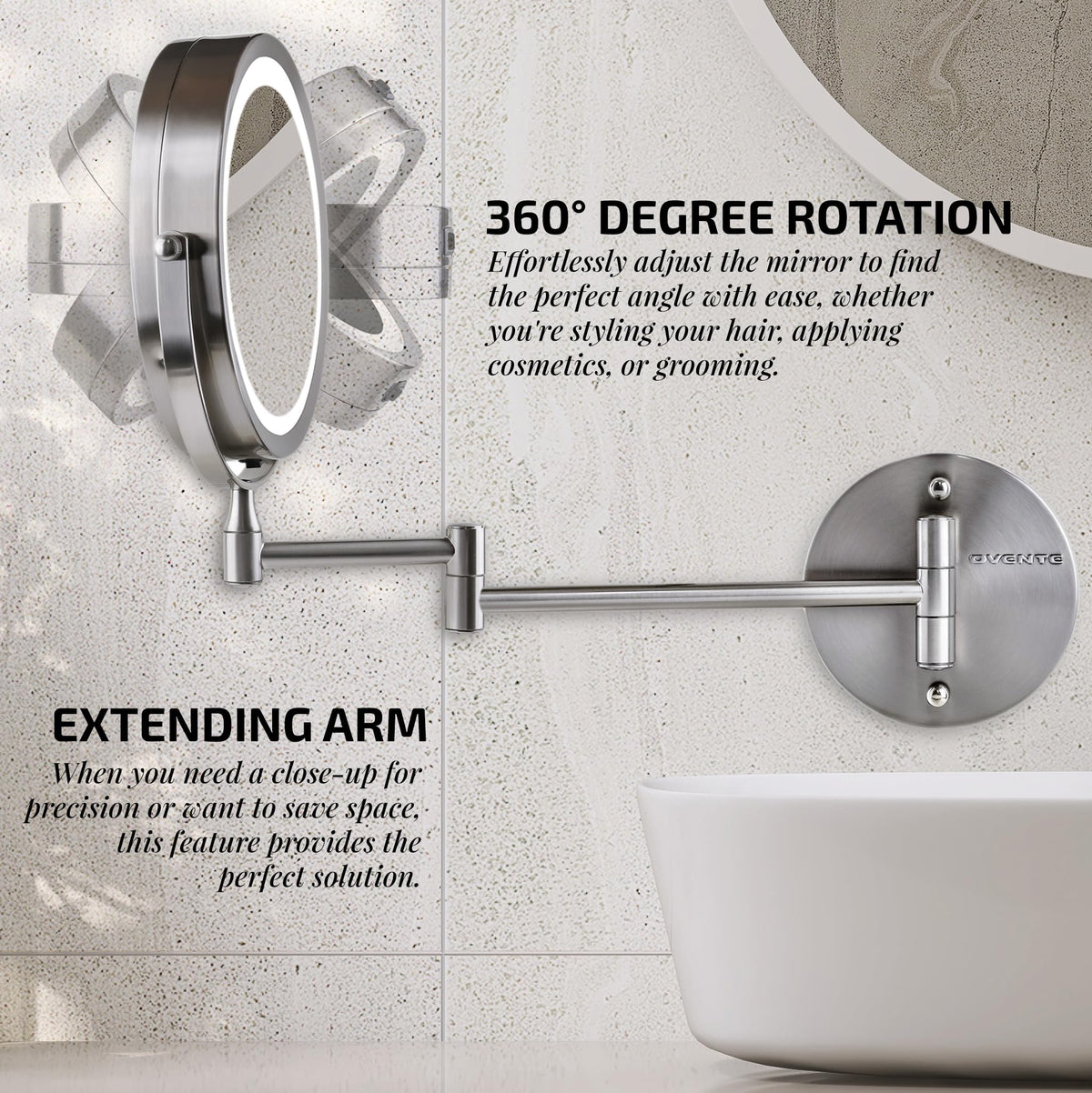 OVENTE MFW70BR1X10X extendable arm supports flexible viewing angles.