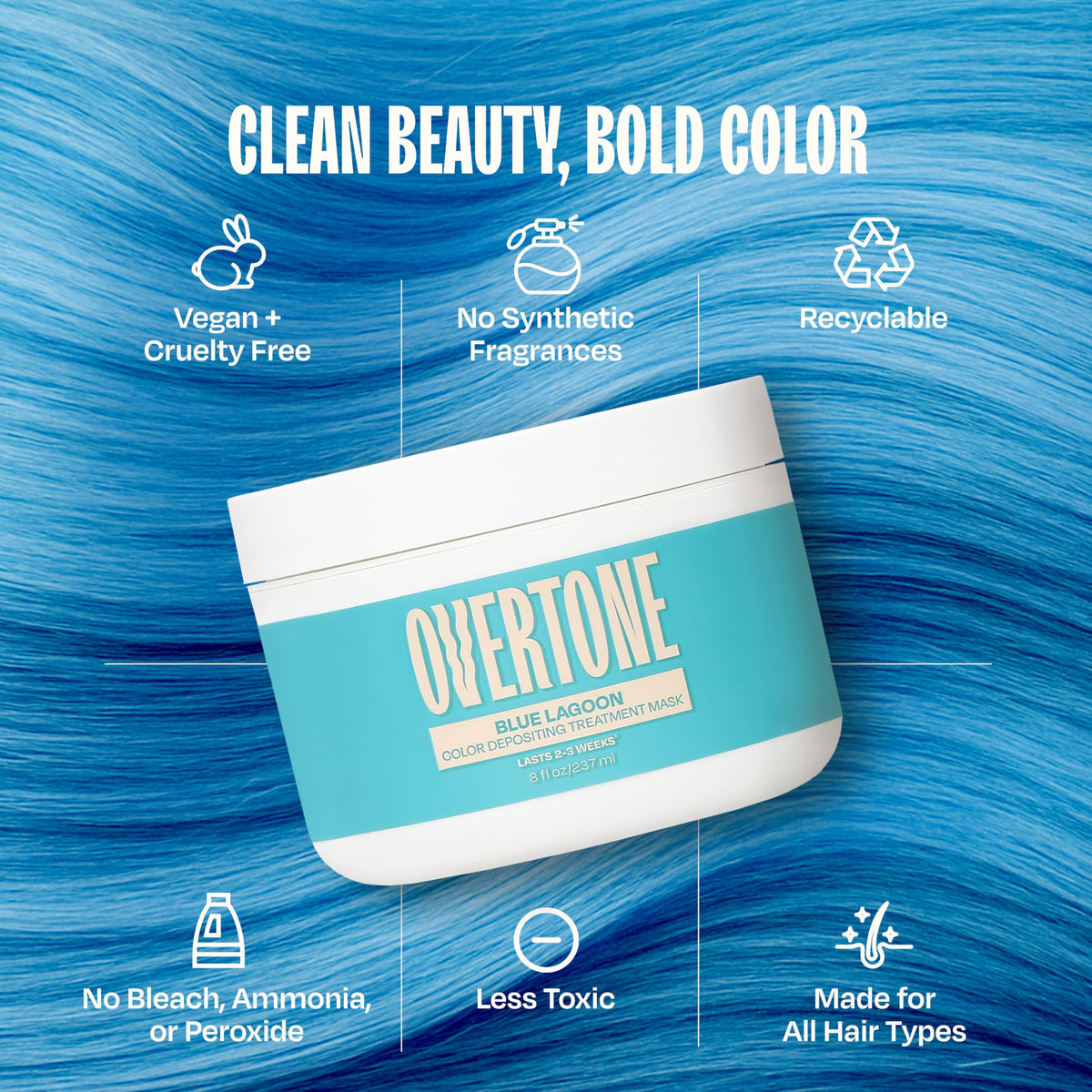 Overtone Blue Lagoon hair after application shows glossy finish
