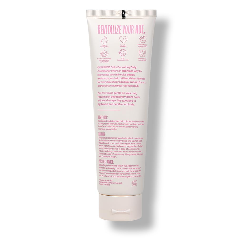 Overtone Cotton Candy color-depositing conditioner label indicating vegan, cruelty-free formula.
