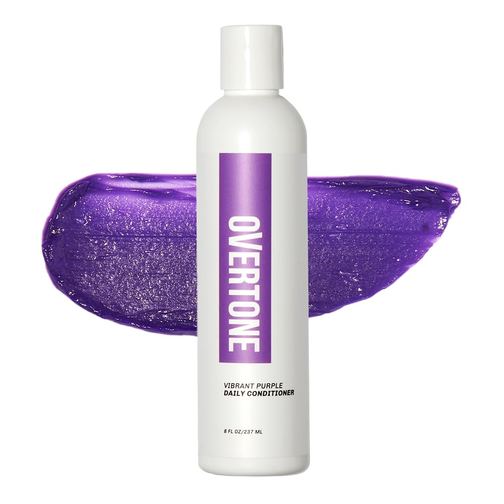 Overtone daily color depositing conditioner in purple bottle close-up, showing vibrant color refresh