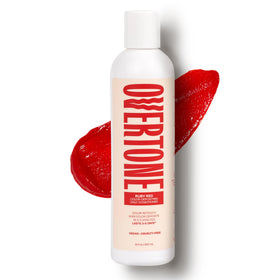 Overtone Ruby Red conditioner bottle delivering vibrant color refresh between salon visits